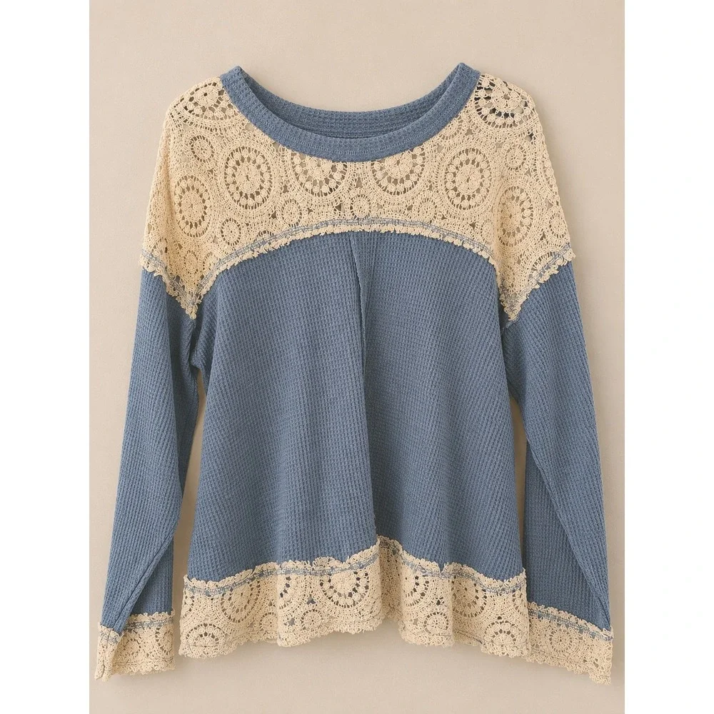 POL Blue Waffle Knit‎ Top with Cream Crochet Lace Trim Boho Long Sleeve Large